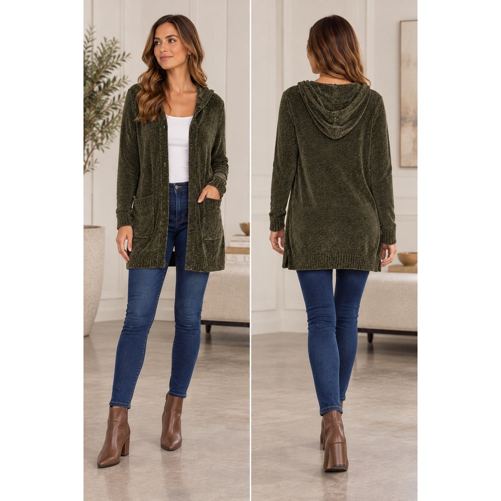 JKLA California Cardigan Sweater Womens M Green Brown Hooded Button Up Pockets